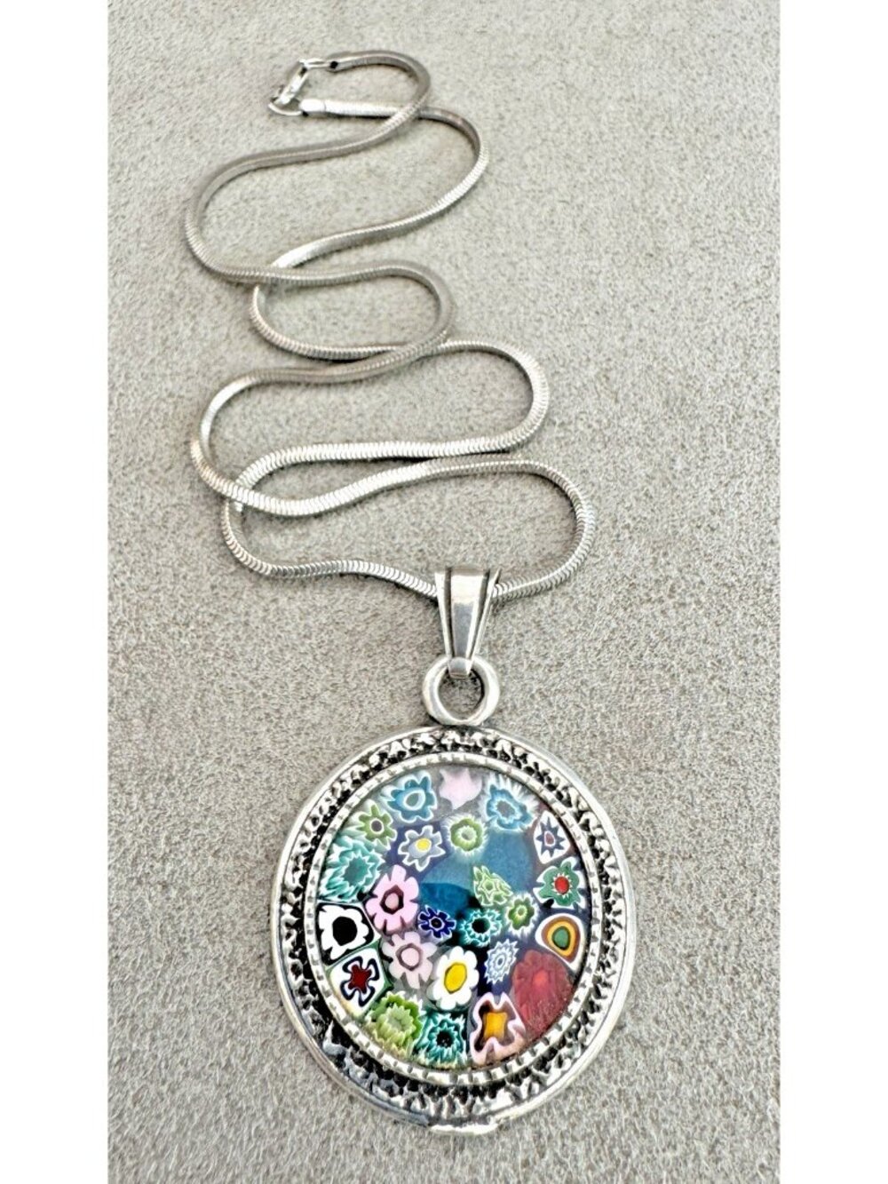 Vintage MURANO GLASS Millefiori Disc STERLING Silver PENDANT on CHAIN Necklace
